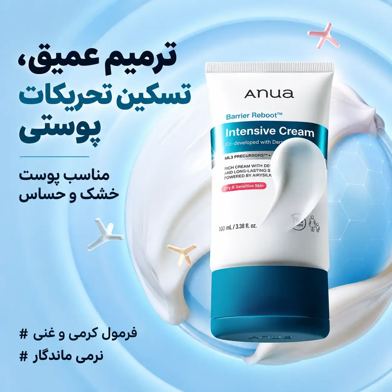 کرم Intensive آنوا در تیوب سفید و آبی روی پس‌زمینه آبی، همراه با نوشته فارسی درباره ترمیم و تسکین پوست
